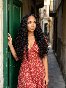 5x5 HD Transparent Lace Closure Glueless Human Hair Wig, 180% Density Pre Plucked Deep Wave Curly Wig, Natural Realistic Hairline Elegant Daily Wig