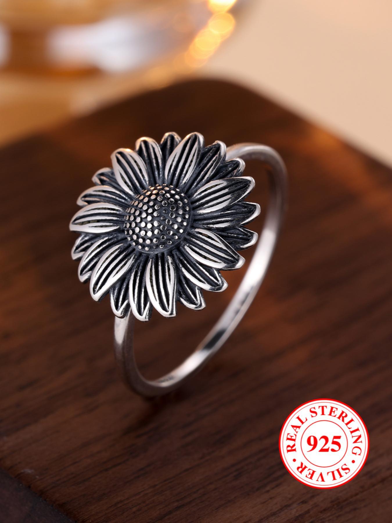 S925 Sterling Silver Sunflower Design Unique Rings, Elegant Everyday Ring, Fashion Accessories for Women & Men, Trendy All-match & Exquisite Jewelry for Birthday Gift, Girlfriend Gifts, Rings for Women, Trendy Fine Jewelry, Statement Rings
