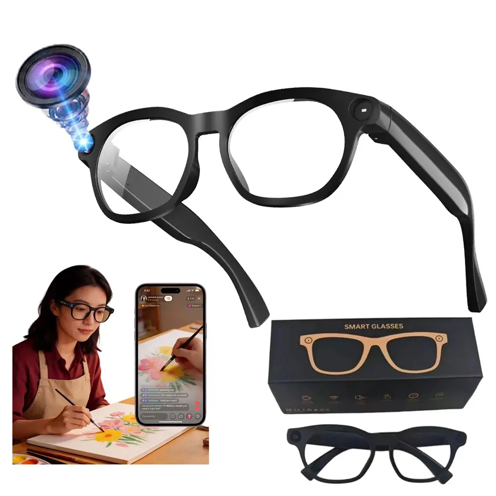 Bluetooth AI Smart Wireless Glasses with Video Recording, 4GB Memory Build-in,8MP Anti-Shake Camera ,Build-in Mic & Speakers, Bluetooth Calling,  AI Real Time Translation, WiFi Transfer, Type C Charging Support, 2 Lenses Total (Transparent +Black )