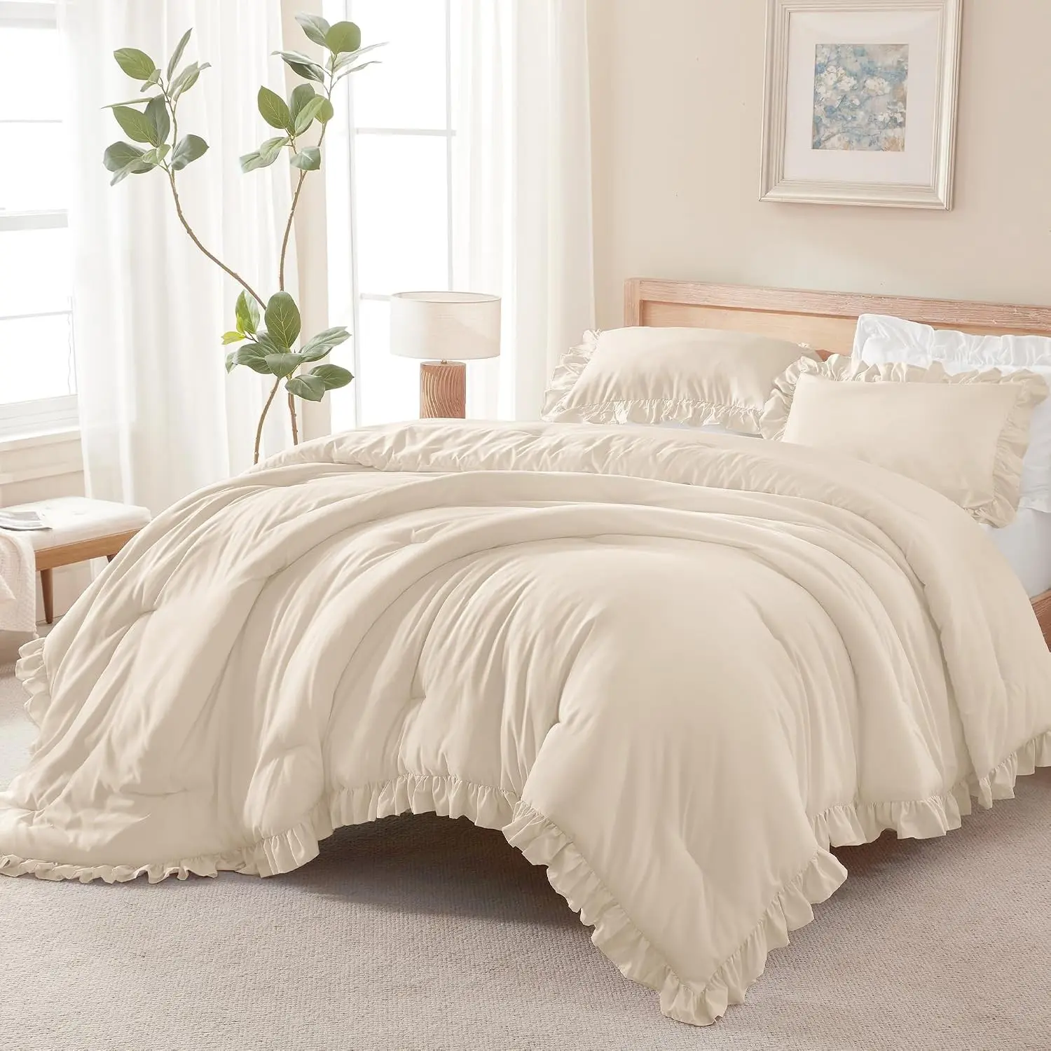 Beige Ruffled Edge Polyester Comforter Set, Twin Size 2-Piece Bedding (1 Comforter, 1 Pillowcase) - Farmhouse Shabby Chic, Lightweight, Machine Washable, Vacuum Packed for Girls