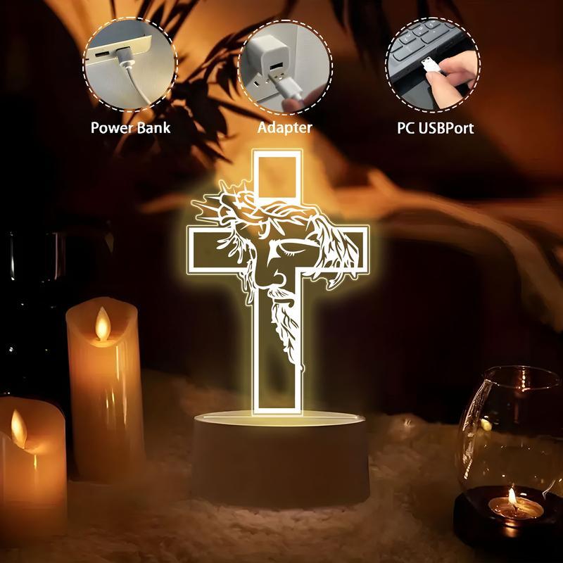 Jesus Cross 3D Night Light - Christian Religious Faith LED Lamp, Catholic Gift for Men Women, Aesthetic Acrylic Room Decor for Bedroom Prayer & Church, USB Powered