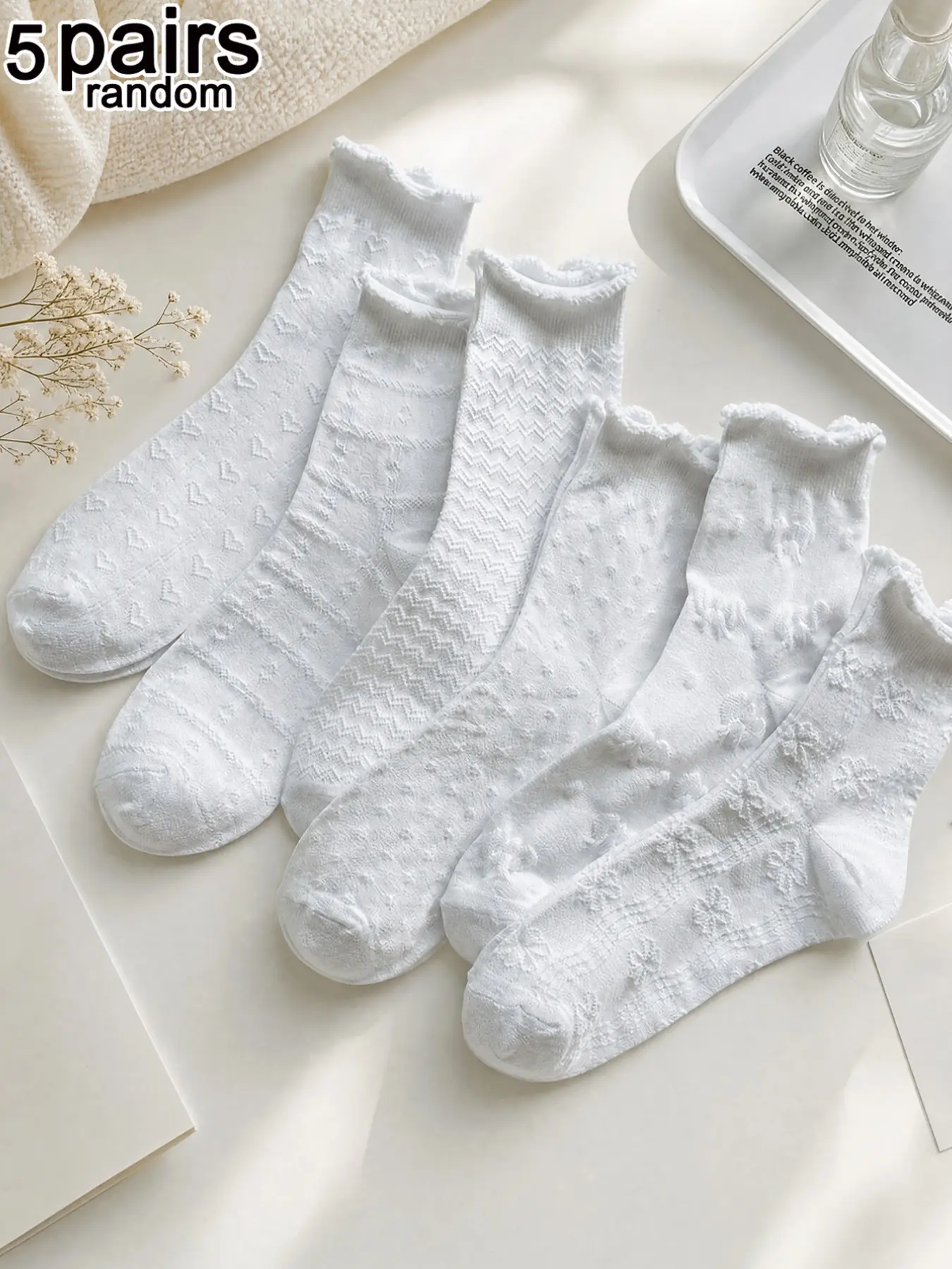5 Pairs Random Women's Ruffle Fashion Mid-Calf Socks, Sweet Pure Style, Breathable Thin Socks for All Seasons, Versatile Comfort Socks
