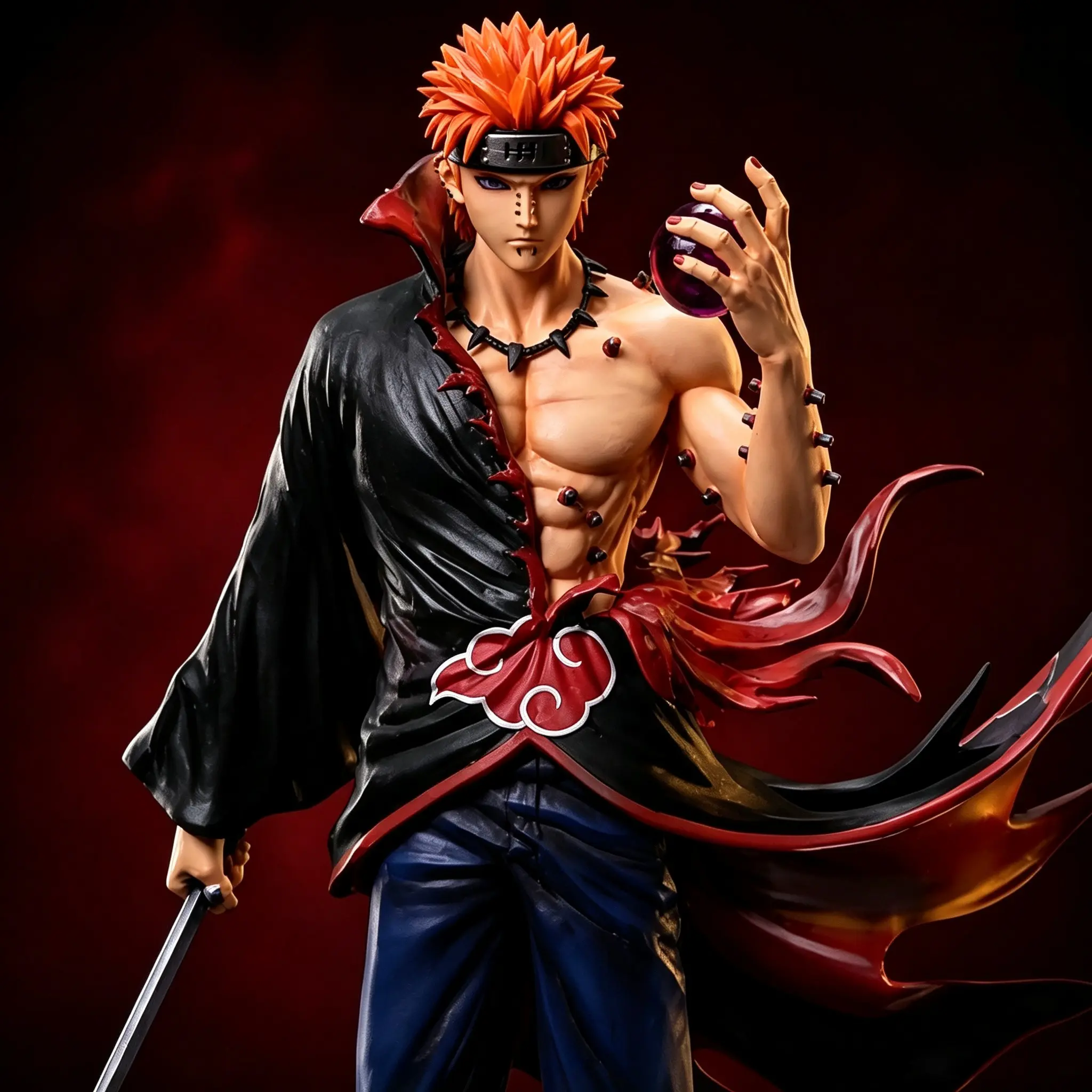 Naruto Pain Tsukuyomi Figure, Classic God Hand Design, Battle Damage Effect, Rod, Orb, Rock Base, High Detail, Anime Collectible