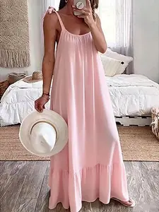 Casual Strapless U-Neck Long Dress, Loose Plain Solid Flowy Maxi Dress, Women's Summer Beach Vacation Wear Chic