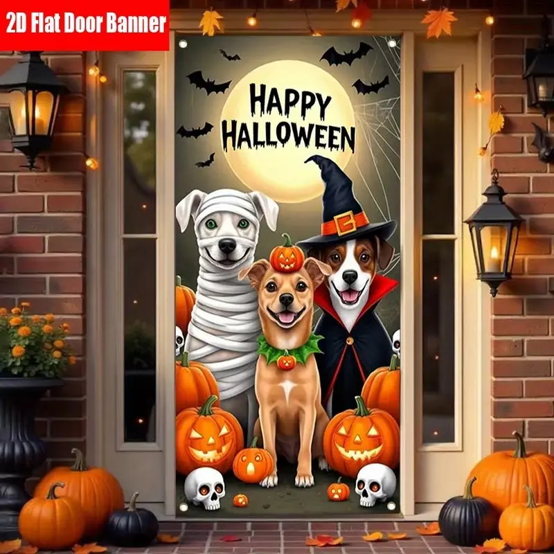 Halloween Door Curtain, Durable Polyester, Indoor/outdoor Wall Decor, Dog Pumpkin Skull Design, 180cmx90cm, No Power Needed, Home Party Decoration