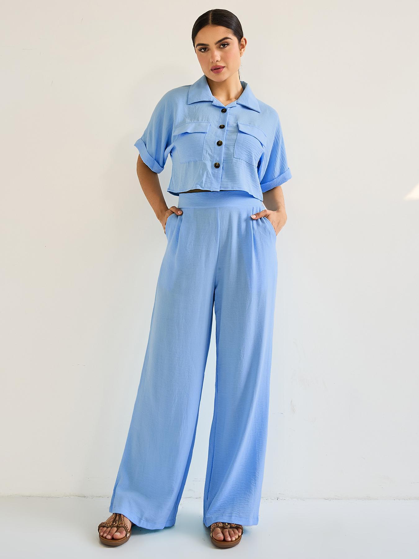 Women's Casual Loose-Fit Crop Top Set, Summer Woven Fabric, Moderate Thickness, Comfortable Fit, Perfect for Daily Wear, Casual Outfits Women