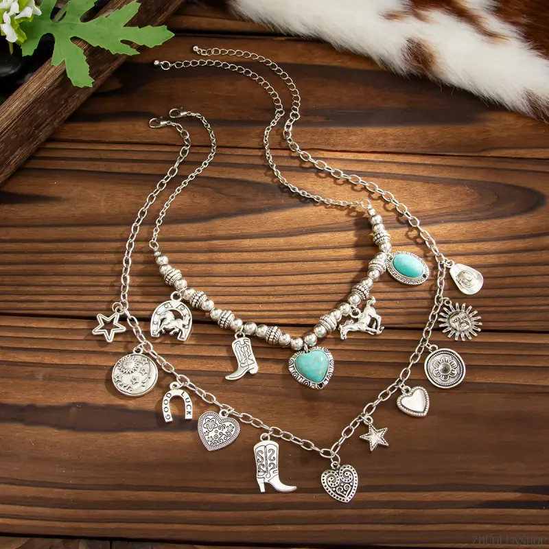 Vintage Imitation Turquoise Flower Bull Head Pendant Necklace, Ins Ethnic Heart Velvet Beaded Clavicle  for Women men's season witchy high quality trendy all-match vintage  chain men christian faith new fashion jewelry gift minimalist day anniversary