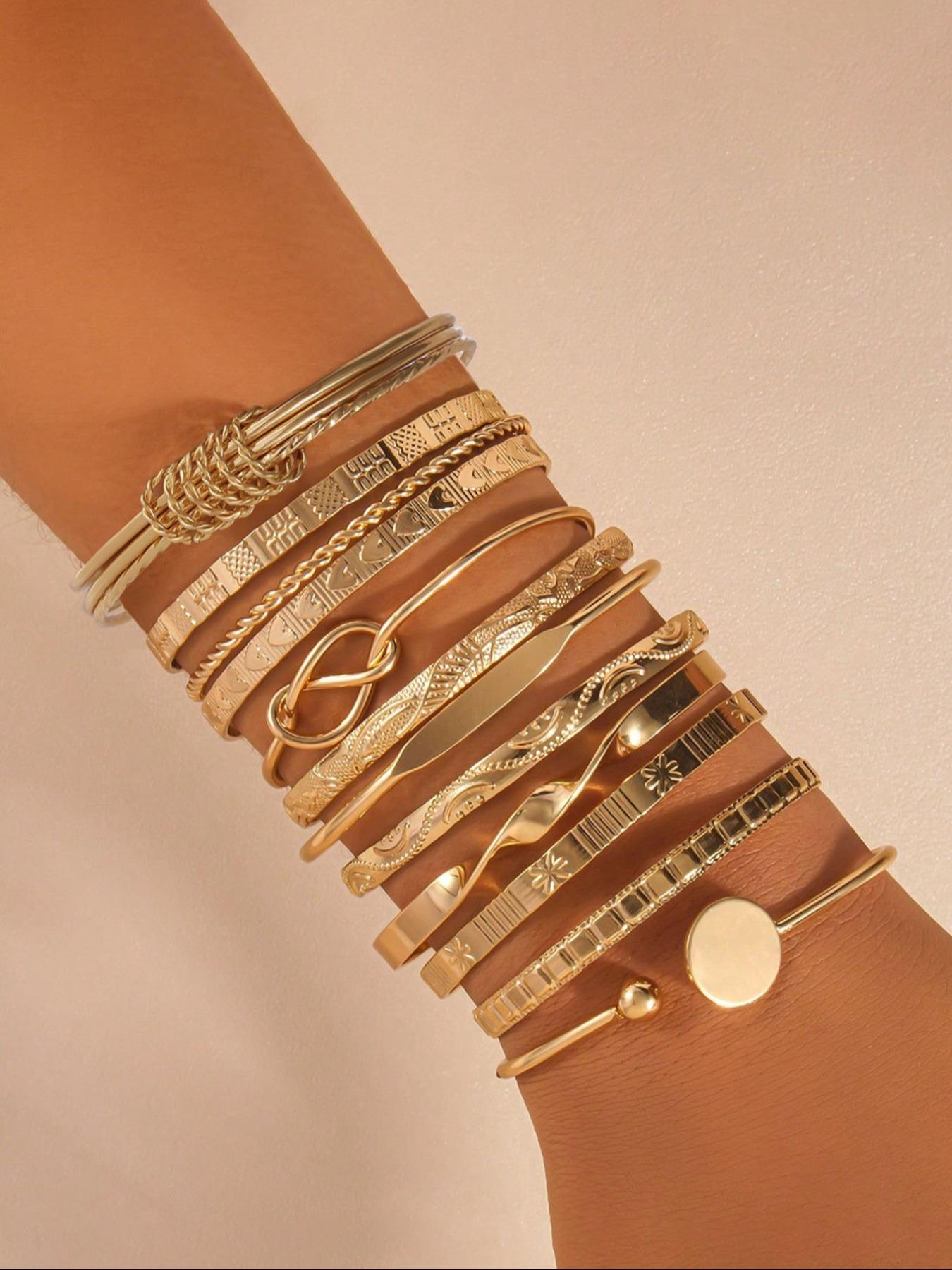 Boho Style Adjustable Metal Bracelet Set for Women, Heart Pattern Texture Design, Ideal Gift for Friends & Family, Stackable Bracelets