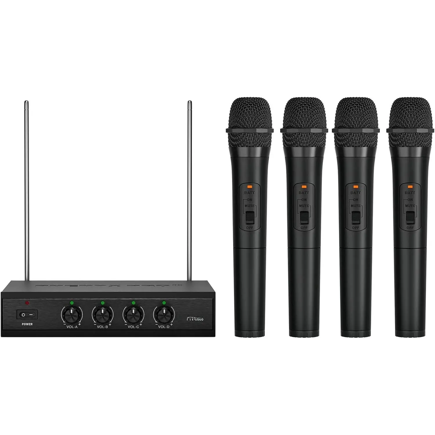 Microphone System, 4  VHF  Mics, w/ 4 Handheld Dynamic Microphones, Metal Receiver, Long Range, Mic for Singing, Karaoke, Church (PTV-2000-4H)