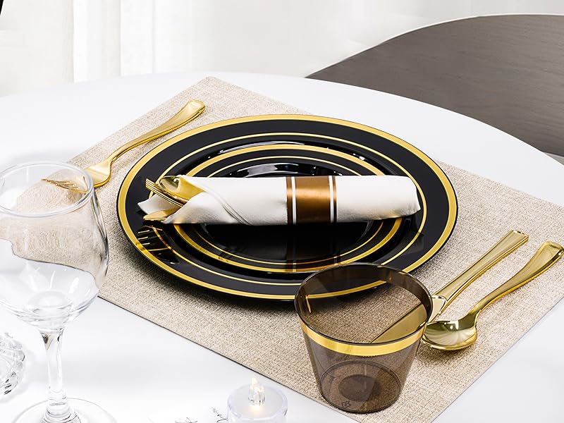350 PCS Black Plastic Dinnerware Set for 50 Guests, 100 Disposable Plates for Party, 50 Pre Rolled Napkins with Gold Silverware, 50 Cups for Graduation