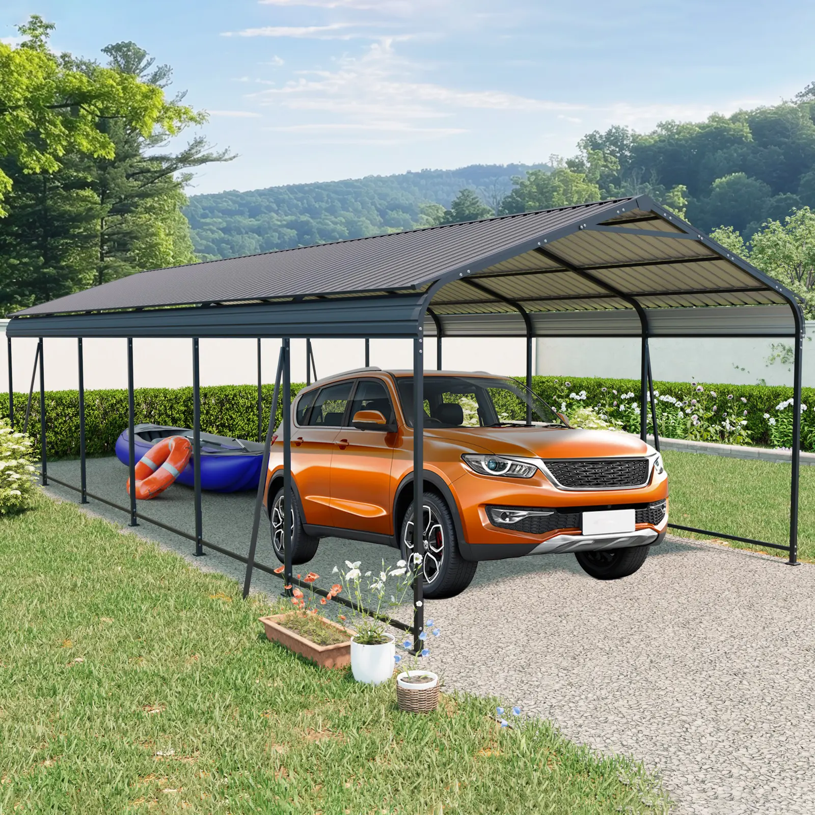 ARCH Heavy Duty Carport 12x32 FT Metal Garage with Galvanized Steel Roof and Frame, 4 Fixed Inclined Square Tube Supports for Driveway Car Truck Parking Shelter, Outdoor Vehicle Canopy Storage, Home Furniture and Household Product Search Terms, Water Resi