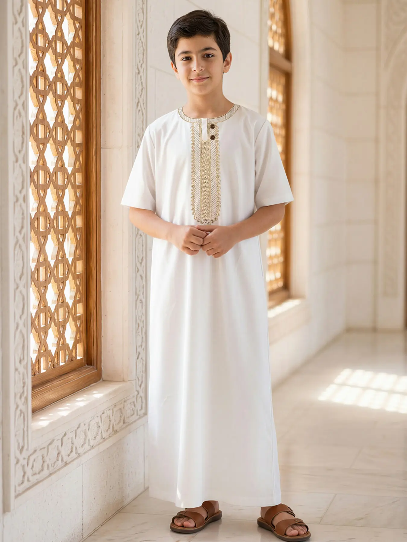 Muslim Boy Short Sleeve Thobe, Embroidered Buttons, Round Neck, Side Invisible Pockets, Suitable for Ages 8-12