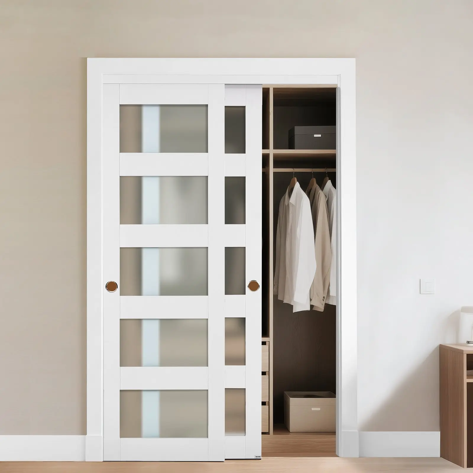 VEVOR Bypass Sliding Closet Door Kit, 48"(Double 25")x80" Recessed Silent Slide Door, 5-Lite Frosted Tempered Glass, Solid Wood & MDF Slab with Waterproof PVC Surface for Closets, Bedrooms, Living Rooms, Wardrobes, 48X80"