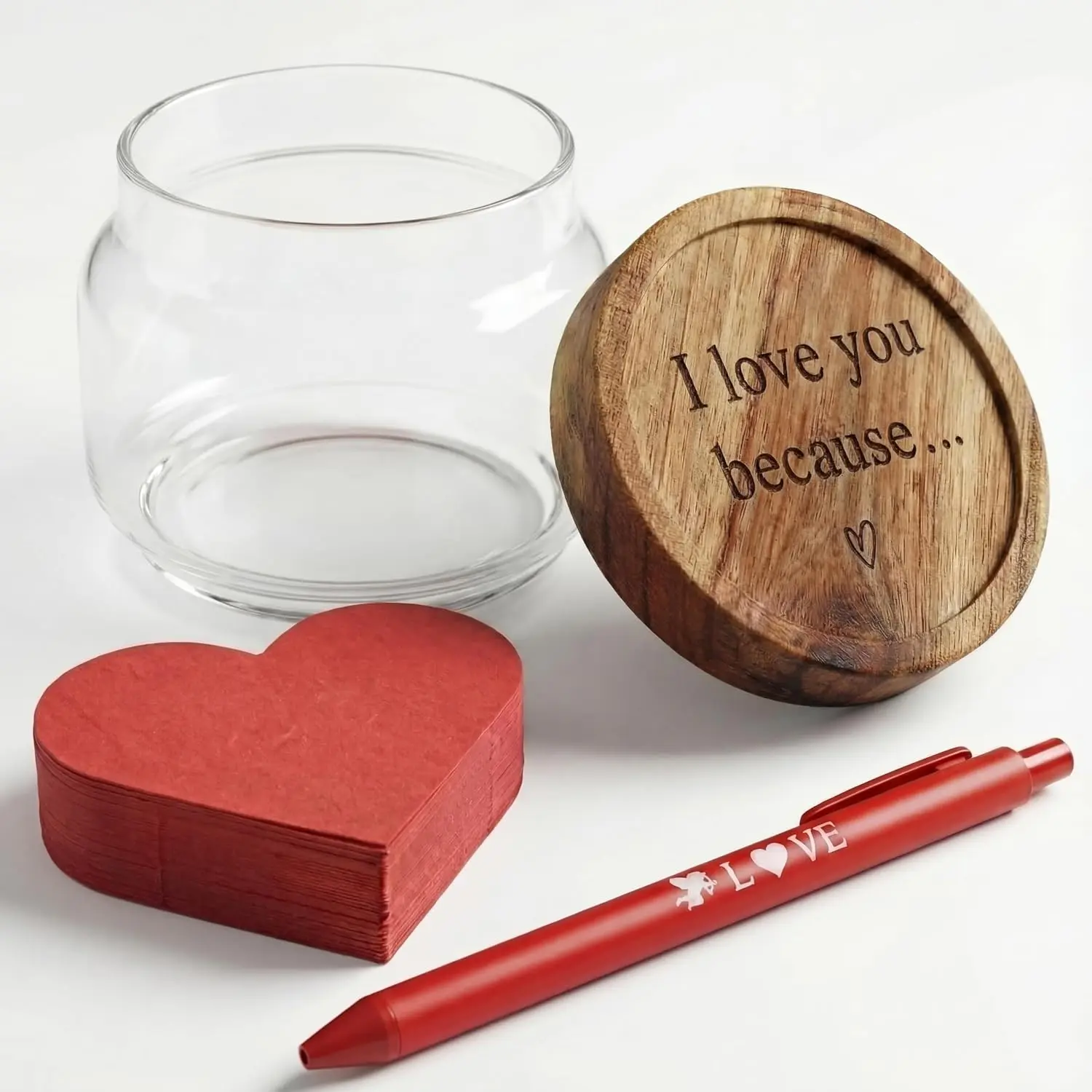Love Notes Memory Jar Set I Love You Because Jar with 100 Note Cards and 1 count Pen, Anniversary DIY Birthday Gifts for Boyfriend Girlfriend Couple Gifts(Charming,Red)