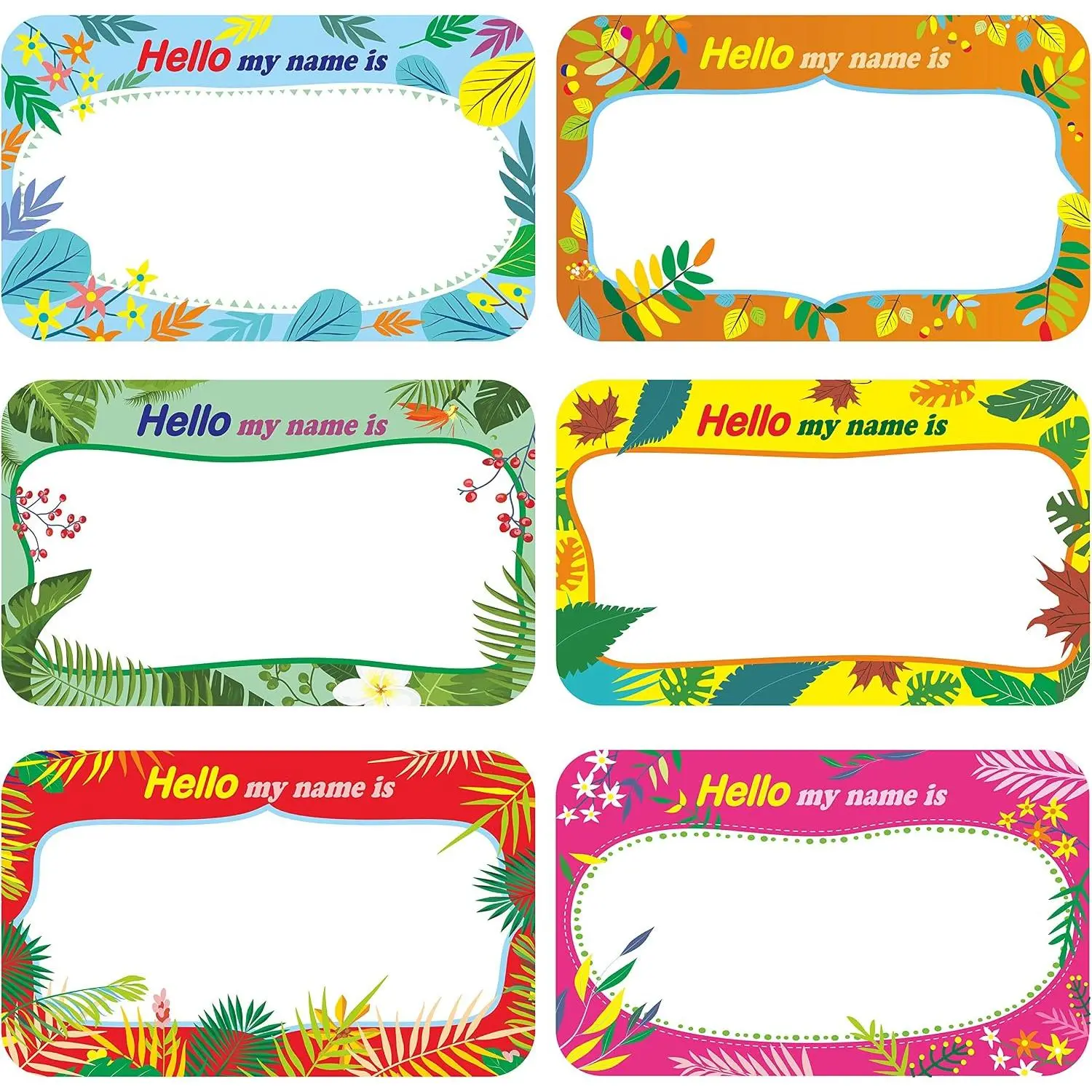 High Gloss Ink Name Labels, 300-Count Perforated Name Tag Label Stickers (3.5"x2.2" Each) with 6 Designs, Write Your Own for School-Events, Office Stationery Supplies