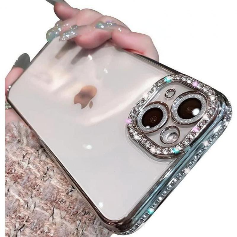 Transparent bling diamond phone case,Compatible with iPhone17Promax/16Pro/15Plus/14/13/12 series Case,Luxury Glitter Bling Sparkly Diamond Electro Plated Frame Edge Border Full Body Protective Clear Soft Shockproof Cover Phone Case