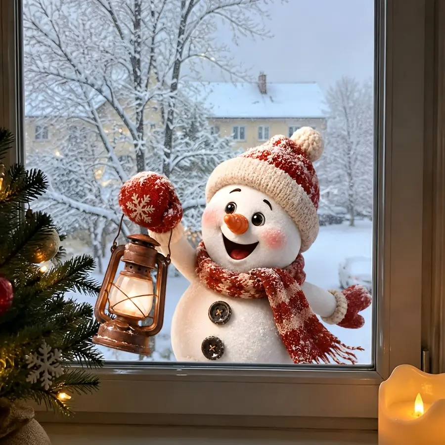 Cute Plush Snowman Handheld Village Lantern Sticker, Christmas Static Window Decal, Double-Sided Visible, Removable PVC, Holiday Decor