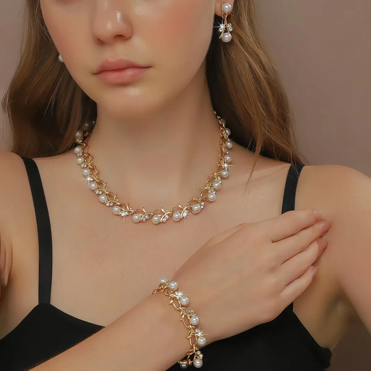 Gold Branch Leaf Pearl Jewelry Set for Women, Imitation Pearl Rhinestone Inlaid Choker Necklace Drop Earring Bracelet 3Pcs, Elegant Wedding Bridal Formal Party Costume Jewelry Gift