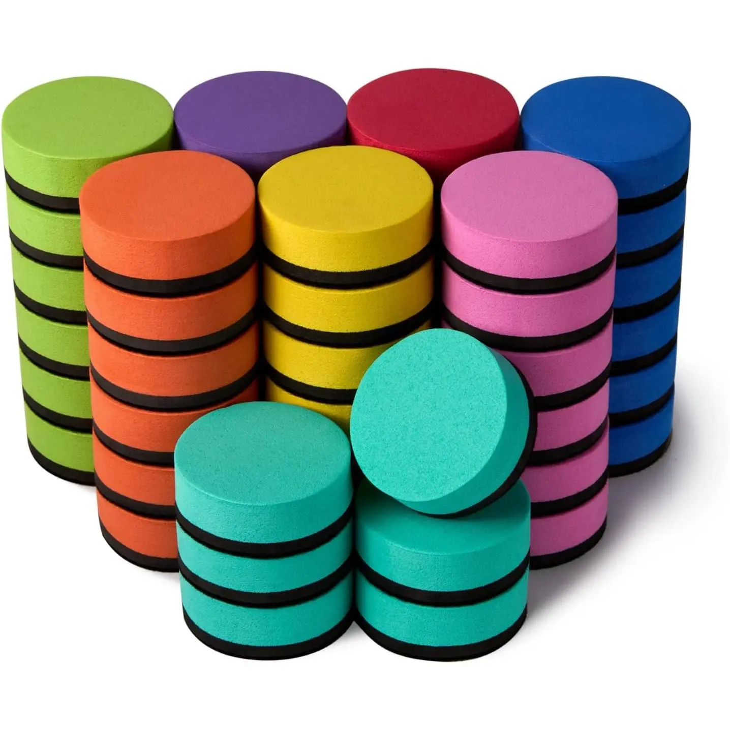 48-Pack Round EVA Felt Whiteboard Dry Erase Erasers, Quick-Clean Chalkboard Cleansers for Classroom, Office (8 Colors, Teacher Essentials)