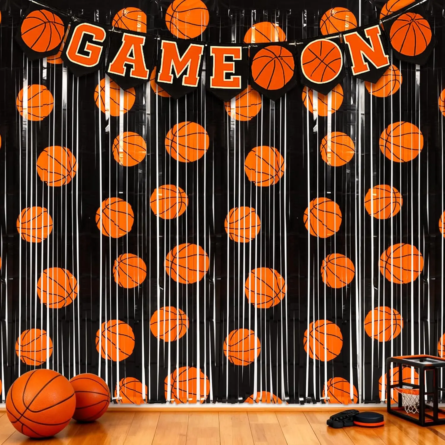 2 Pack Basketball Party Decorations 3.3 x 6.6 ft Basketball Foil Fringe Curtains Black and Orange Photo Backdrop for  Party Birthday Race Day