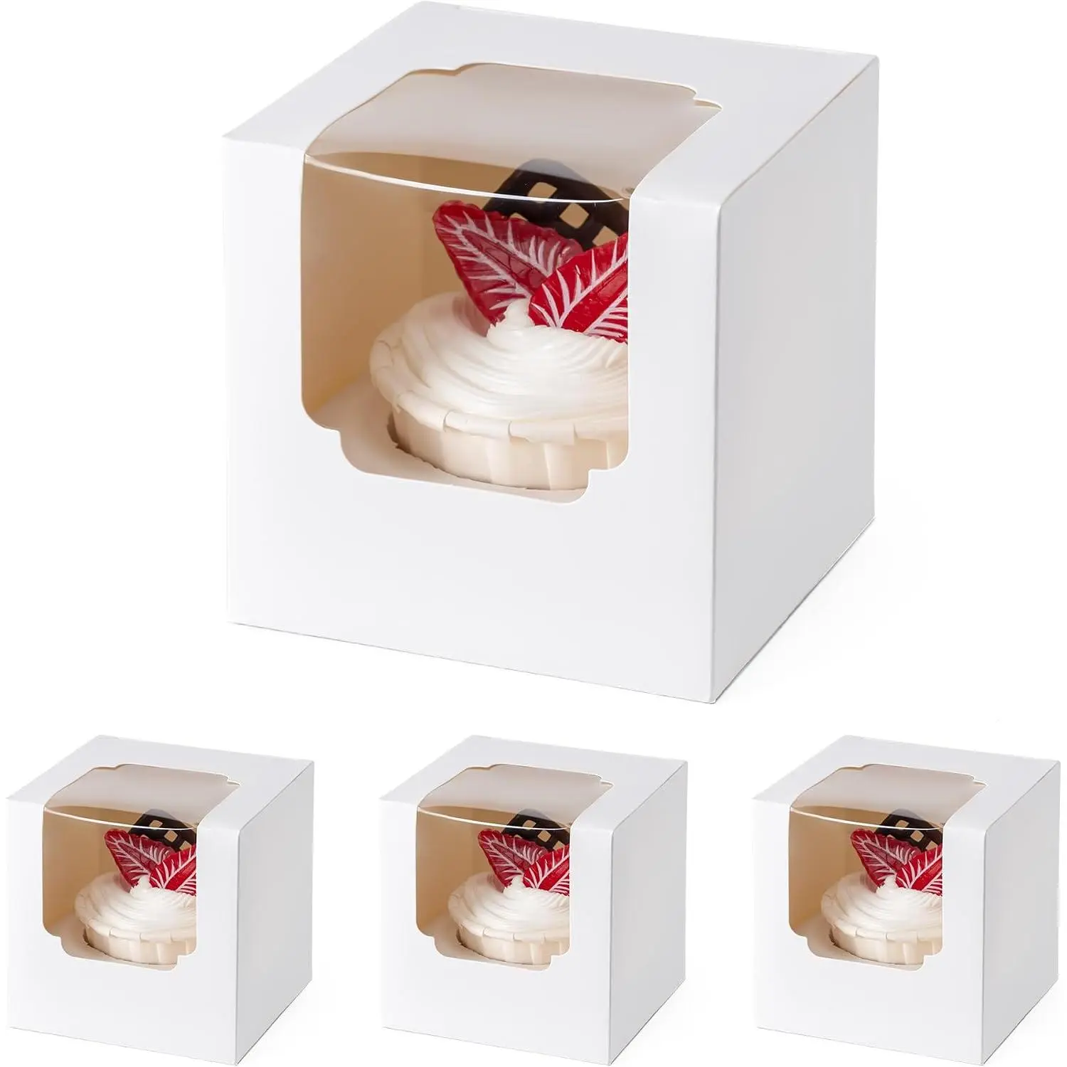 50 Pack Individual Cupcake Containers, Cupcake Boxes with Window, Food Grade Cupcake Holders with Inserts, Stackable Deep Cupcake Carrier (White)