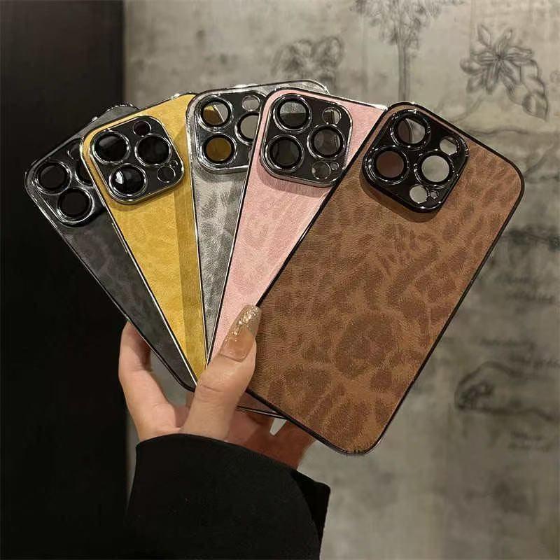 Luxury Plating Leopard Texture Leather Case For iPhone 16 15 14 Plus 13 12 11 Pro Max Lens Protection Shockproof Soft Cover Protective Smartphone