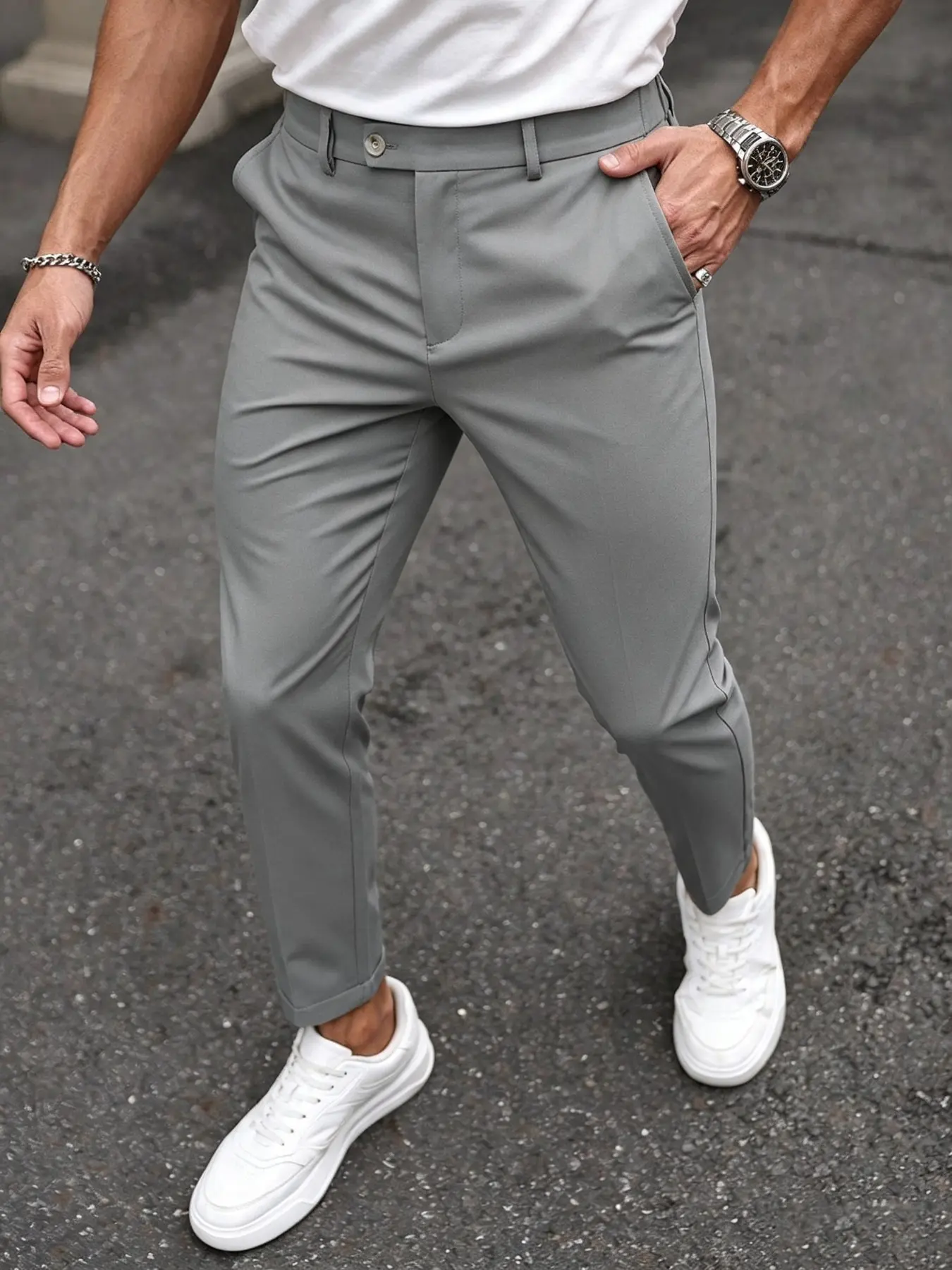 Men's slim-fit cropped dress trousers featuring a structured center-seam design; premium-feel, mid-rise, and drape-finish slim-leg suit pants suitable for business, office commuting, seaside vacations, weddings, and formal occasions.