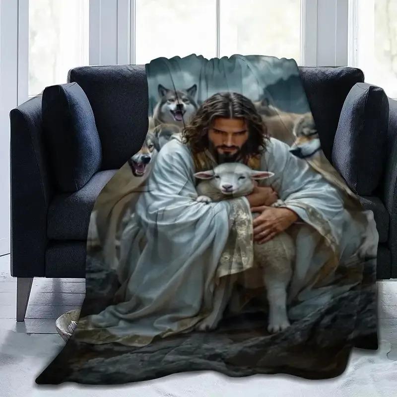 God's Redemption Jesus Sheep Design Flannel Blanket Digital Plush Nap Blanket Soft Warm for All Seasons Ideal for Sofa Office Travel Camping Bed Use