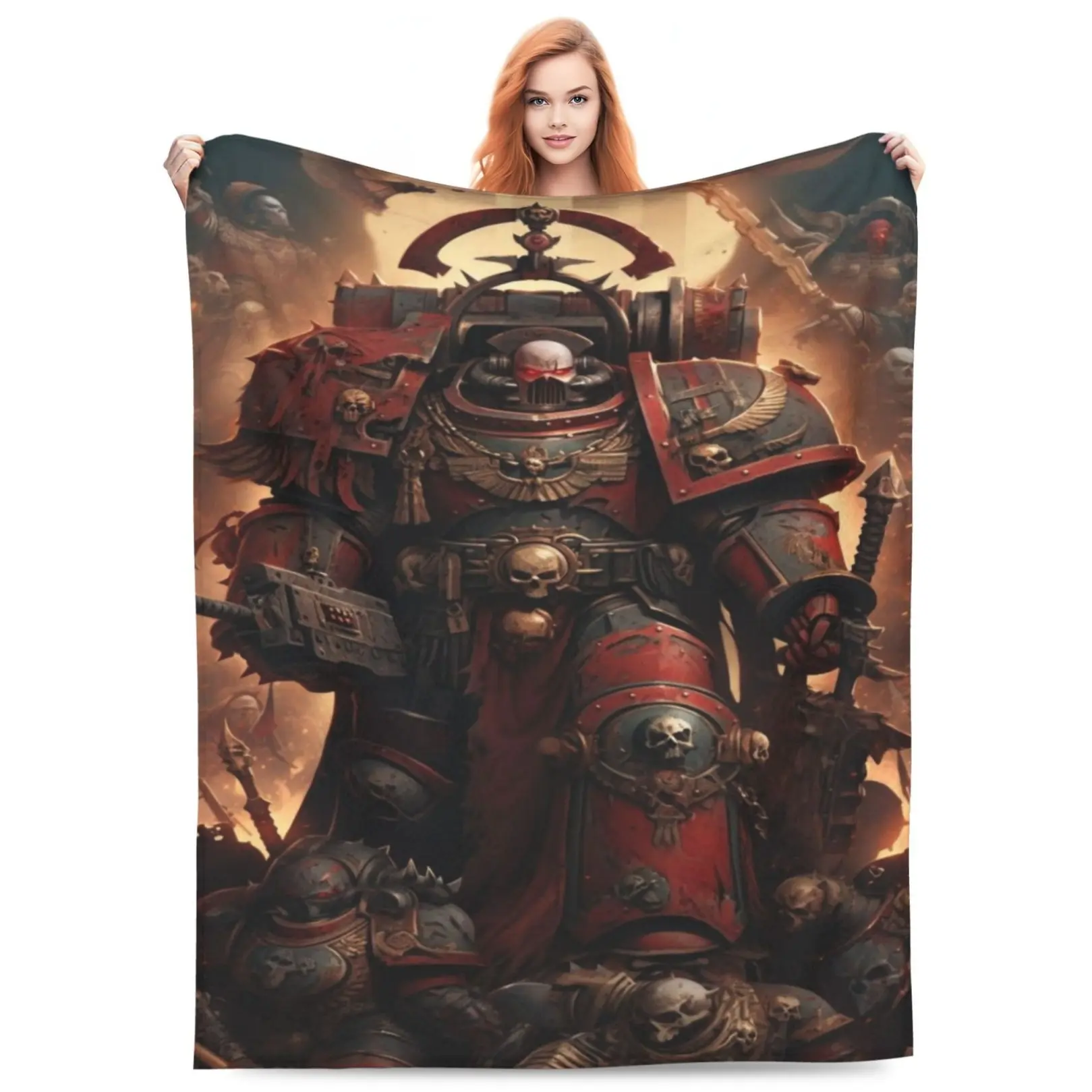 Warhammer 40k Blood Angels Space Marine Flannel Throw Blanket, Vintage Gothic Grimdark Warrior Print Blanket, Ideal Birthday Christmas Halloween Thanksgiving Holiday Gift for Warhammer 40k Fans & Gamer Bedroom Room Decor