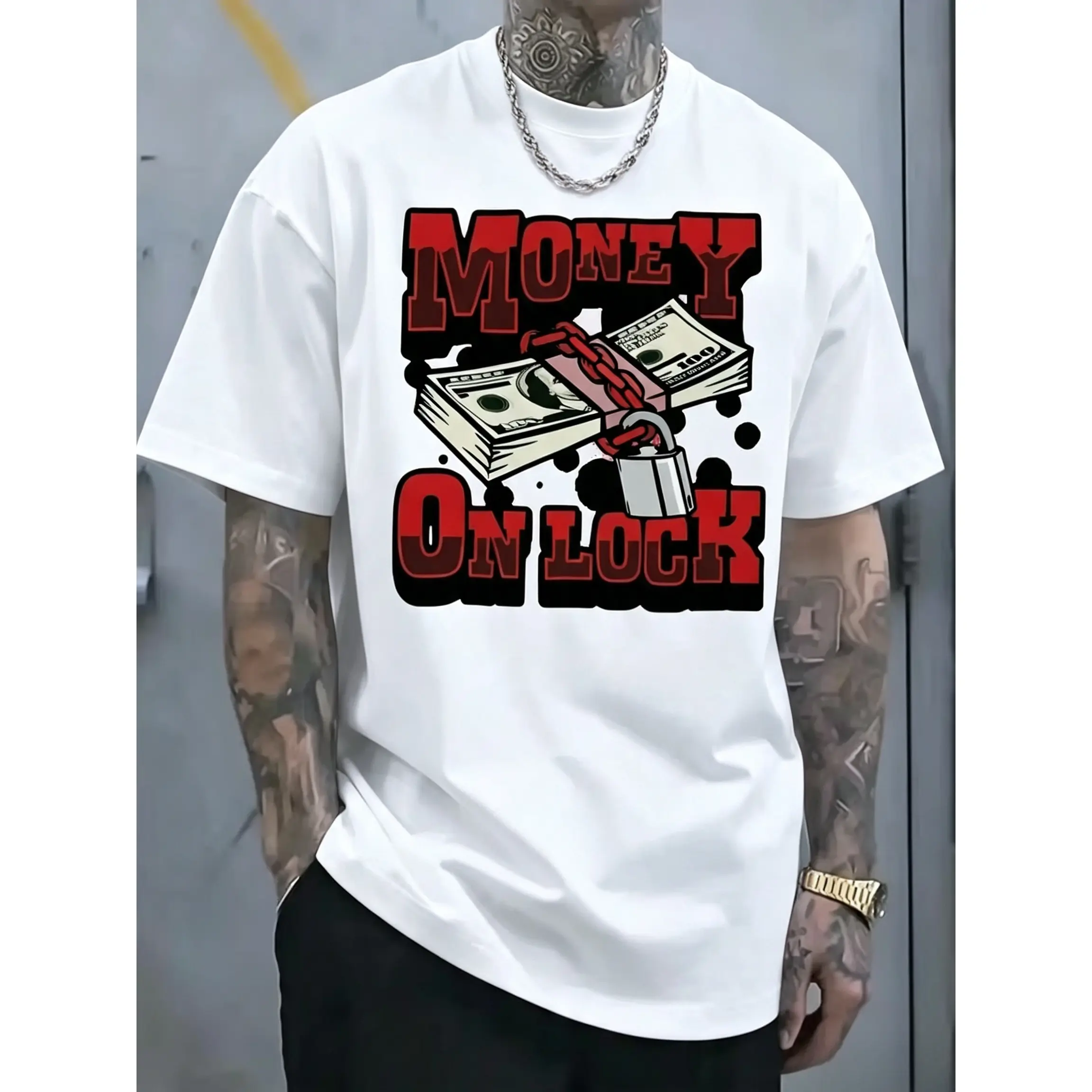 Money On Lock Dollar Chain Lock Graphic Tees For Men, 100% cotton short sleeve graphic tees men, vintage t shirts casual hip hop streetwear, urban money graphic clothing trendy tee for everyday street fashion
