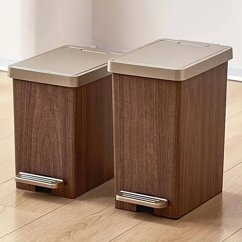 Single-piece large-capacity trash can, durable plastic, elegant wood grain design, silent soft-closing, space-saving, suitable for kitchen, bathroom, office, bedroom