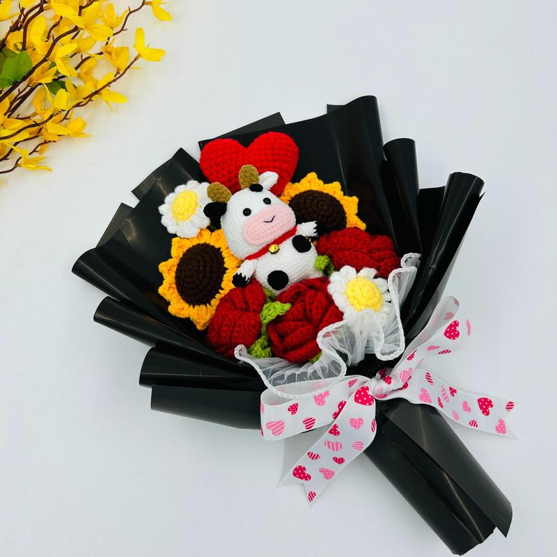 Crochet Sunflower and Cow Plush Bouquet, Handmade Knitted Flower Bouquet, Artificial Faux Rose Bouquet Arrangement, Artificial Flower Arrangements for Home, Party, Wedding, Anniversary and Festival Decor
