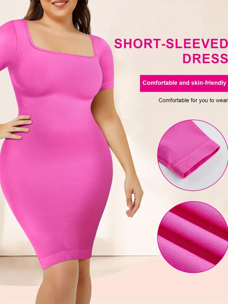 Women's High Elastic Bodycon Dress Short Sleeve Mid-Length Shapewear, Casual Slim Fit Skirt for All Seasons, Kardashian Style