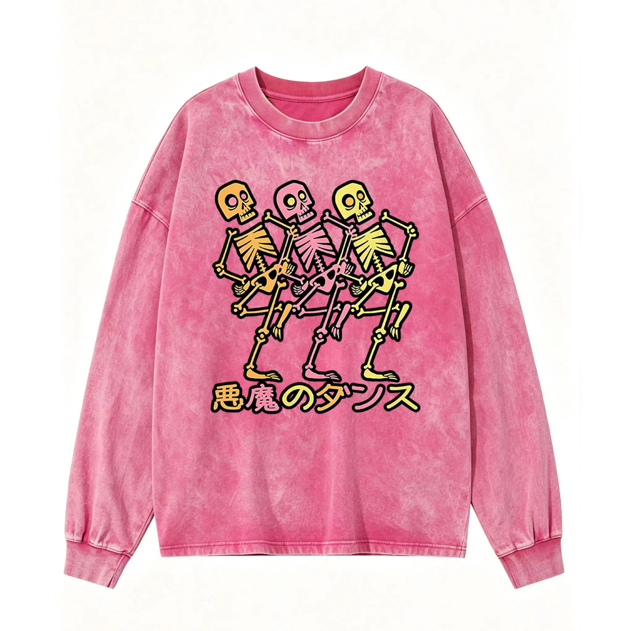 Spooky Season Dancing Skeleton Sweatshirt, Vintage Pink Wash Japanese Tee, Halloween Skeleton Dance Long Sleeve, Alt Halloween Gift,Japanese Katakana Graphic Long Sleeve, Pastel Goth Top