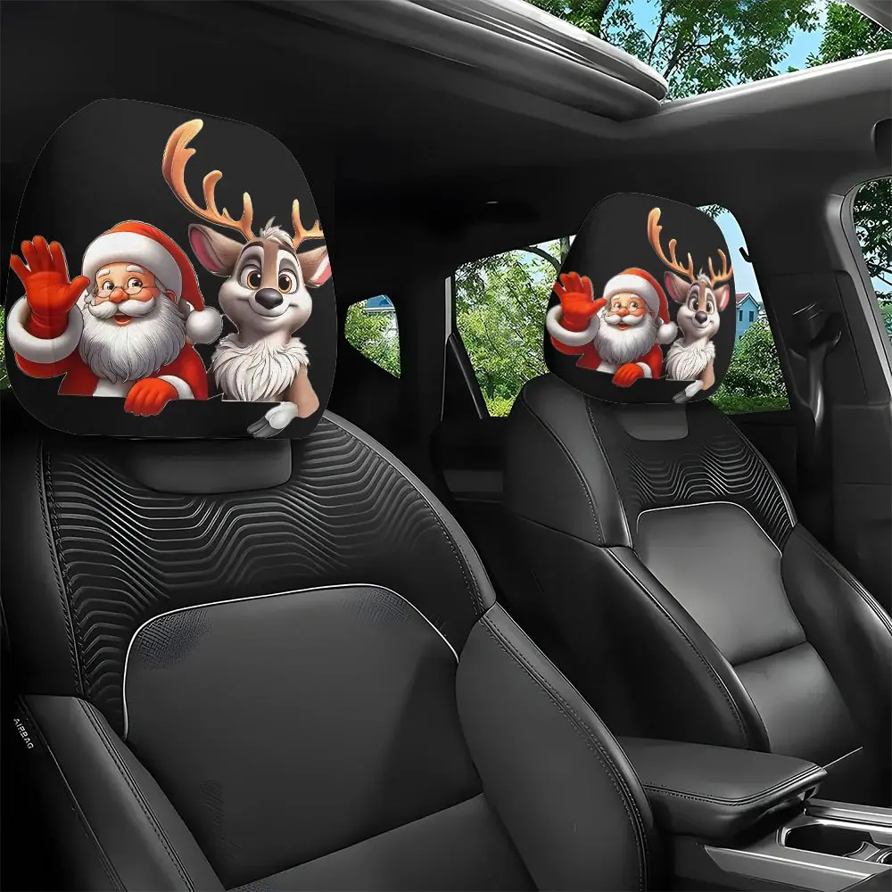 2pcs Fun Christmas Santa and Reindeer Printed Car Headrest Covers, Interior Decoration,  Fit, Washable, Easy to Install, Suitable for Road Trips and Holiday Commuting, Perfect Quirky Car Decoration