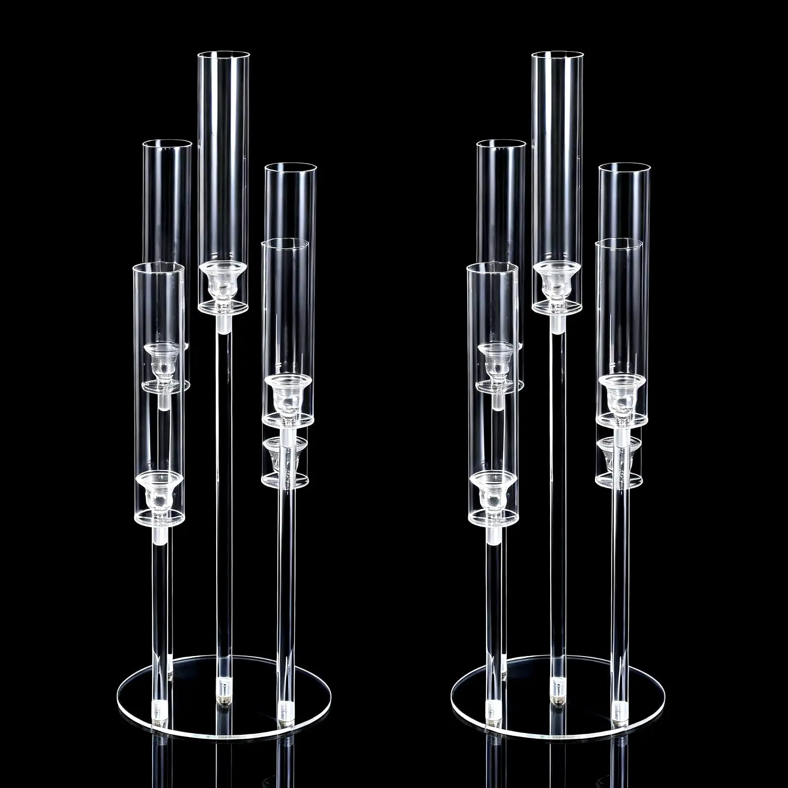 25.59 Inches 5-Arm Acrylic Candelabra 2 PCS Set, Clear Wedding Table Centerpiece with Shades, Elegant Candle Holder for 0.8 Inch LED Candles