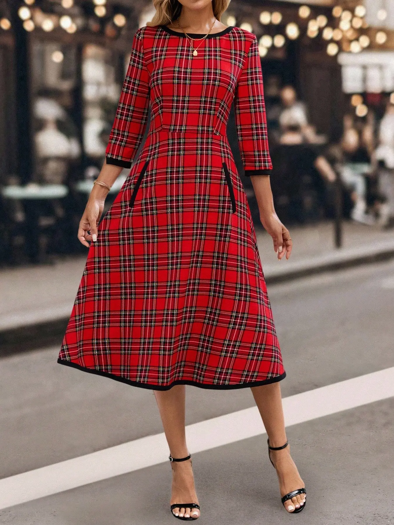 Women's Plaid Print Vintage Round Neck 3/4 Sleeve Midi Dress, Autumn Winter Checkered Christmas Party, Everyday New Year Retro Dresses