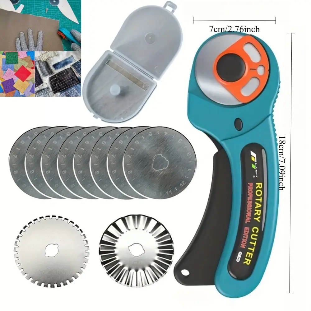 1 Set Upgraded Rotary Cutter Kit - 8x Sk5 Blades + 1x 35-tooth + 1x 16-wave Blade, Scalloped Anti-cut Guard for Safety, Manual Fabric & Paper Cutter, Wavy Edge Cutting Tool for Diy Sewing, Quilting & Craft (45mm Round Blades)