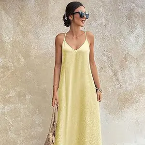 Women Spaghetti Strap Deep V Maxi Dress, Textured Wrinkle Free Straight Slip Dress, Elegant French Casual Beach Vacation Sundress carly
