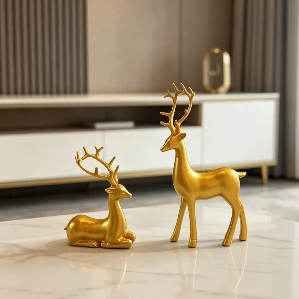 2 Piece Deer Resin Statue Set, Resin Animal Sculptures, Modern Luxury Decor, Standing & Lying Poses, Ideal for Living Room, Bedroom, Office, Feng Shui Gift