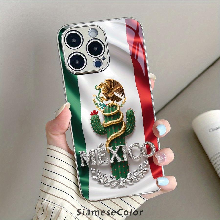 Exquisite 2D Pattern Mexican Flag Diamond Badge Glass Phone Case, Suitable for iPhone 17 16, 15, 14, 13, 12, 11 Plus Pro Max
