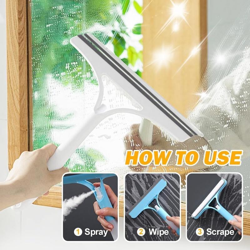 3 in 1 Window Cleaning Scraper, 2025 New Squeegee for Shower Glass, 3 in 1 Spray Function for Glass Doors for Windows Glass, Mirrors Scraper, Brush. All-Purpose Window Cleaner Tool Hands-Free Flat Floor Mop Bucket Set Suction Cup Sponge Holder for Kitchen