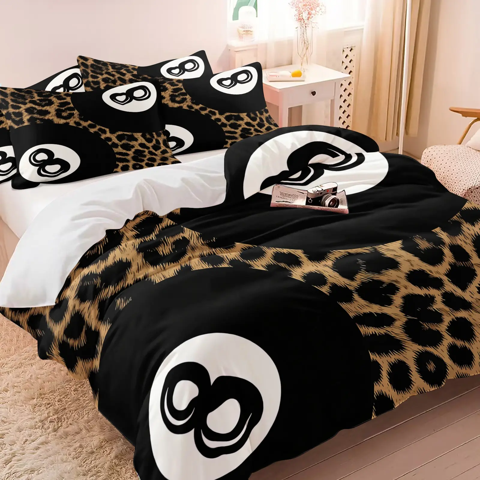 American Retro Leopard Print 8-Ball Billiards Duvet Cover Set, 1 Duvet Cover + 1-2 Pillowcases, Leopard Pool Ball Graphic Bedding Set, Soft Microfiber All Season, 90s Street Style Bedroom Decor, Gift for Streetwear Enthusiast, Printed Bedding Set