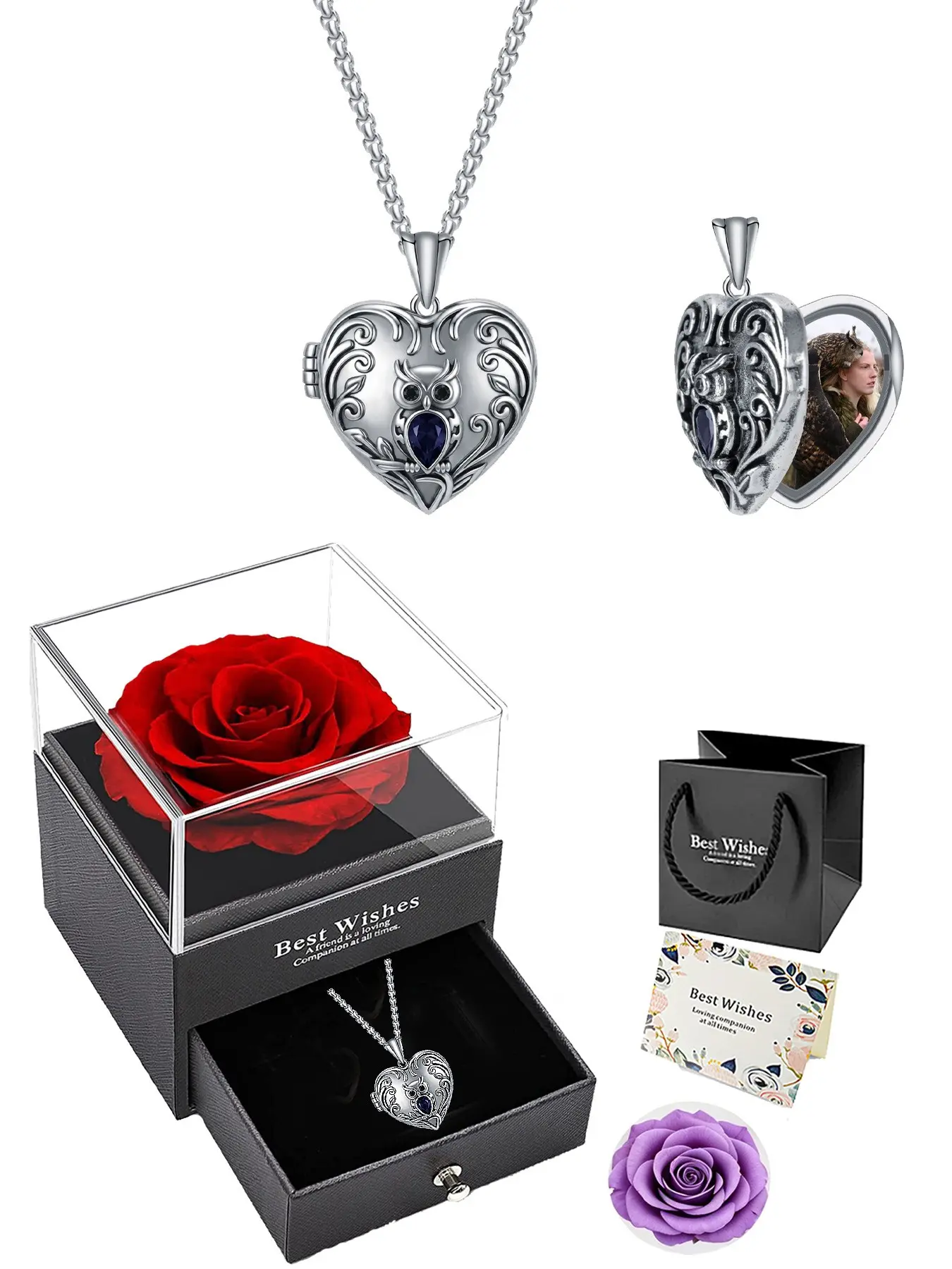 Cat Heart Photo Frame Necklace, Hearts Pendant Necklace, Vintage Engraved Blue Diamond Pendant, Eternal Rose Gift Box, Ideal for Girlfriend, Best Friend, Birthday, Valentine's Day