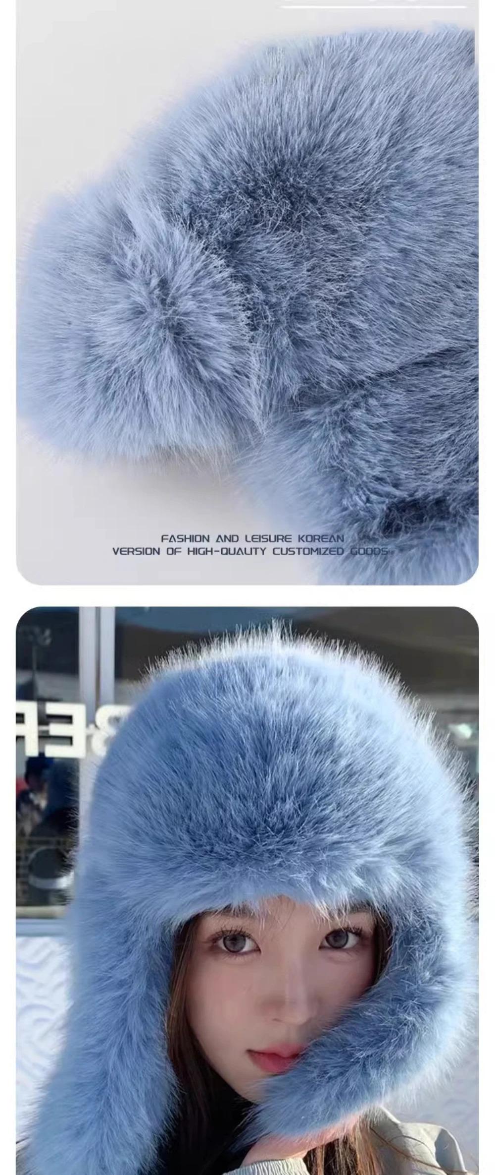 HT4567 Fluffy Fur Hat Women White Black Blue Russian Hat Thick Warm Ski Earflap Cap Female Ushanka Winter Hat Ladies Russian Cap