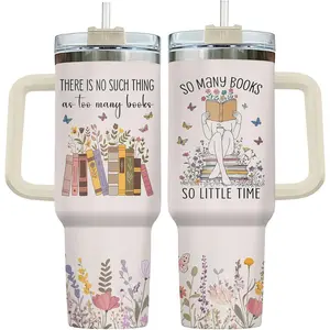 Book Lover Tumbler 40oz with Handle and Straw, So Many Books So Little Time Girl Reading Vacuum Insulated Bookworm Mug, Bookish Gifts for Readers, Librarians & Booknerds