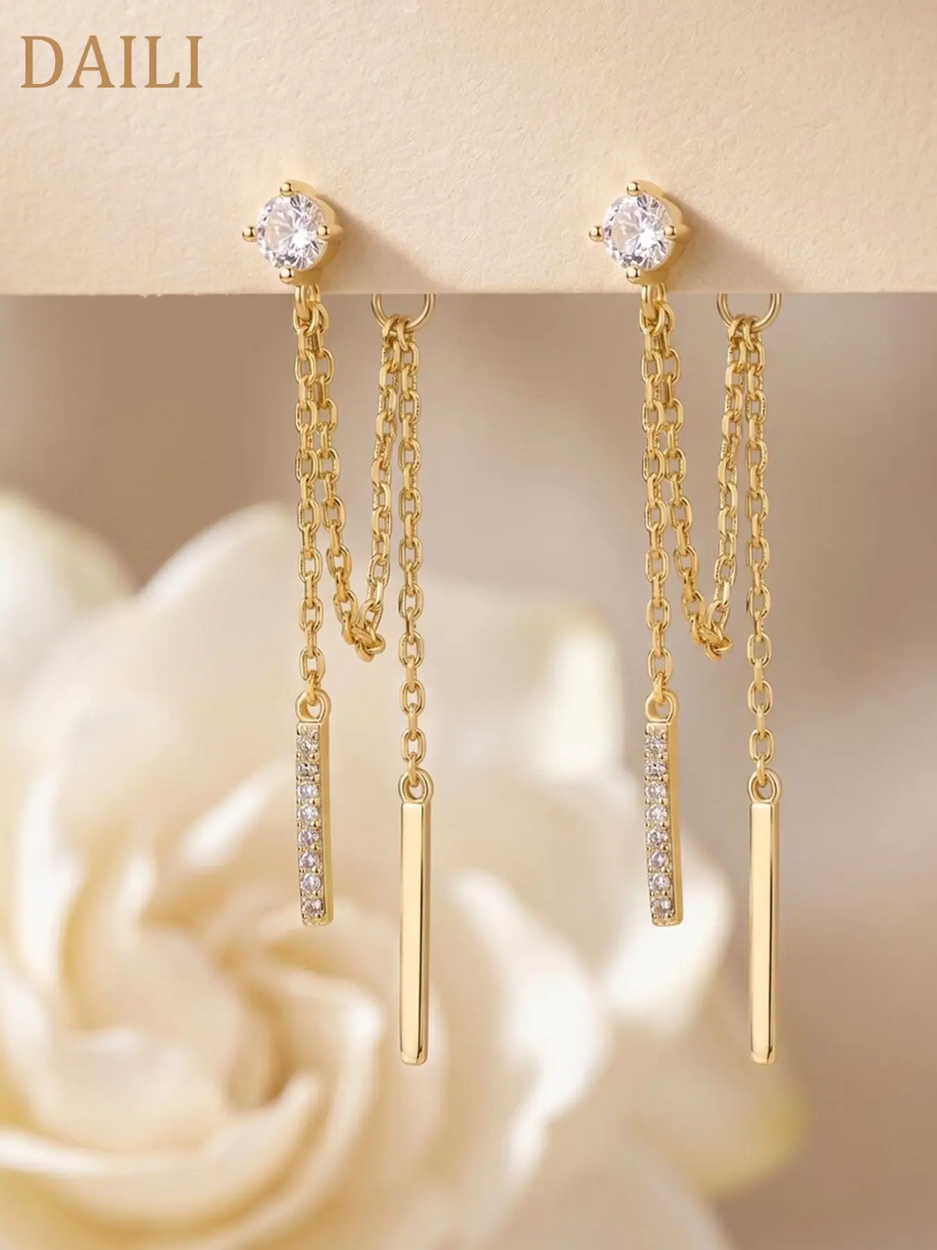 18k Chain Drop Earrings, Dainty Double Chain Bar Dangle, Minimalist Cz Stud Earrings, Perfect Gift for Her