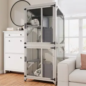 Outdoor Cat Enclosure Catio with Wheels, 74.8" Large Wooden Cat Cage, Multi-Level Cat House with Platforms, Lockable Doors & Removable PVC Tray