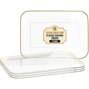 3 Pack 8 x 11 Inch Heavy Duty Rectangular Clear Gold Plastic Serving Trays Dessert Cookie Platters for Party Entertaining Food Serving