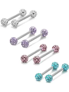4 Pairs 14G 316L Stainless Steel CZ Nipple Piercing Barbells, Internally Threaded Body Jewelry for Women